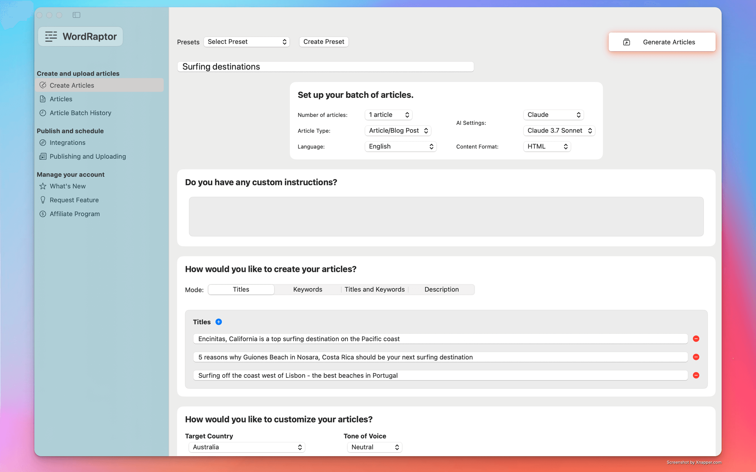 WordRaptor's private writing interface